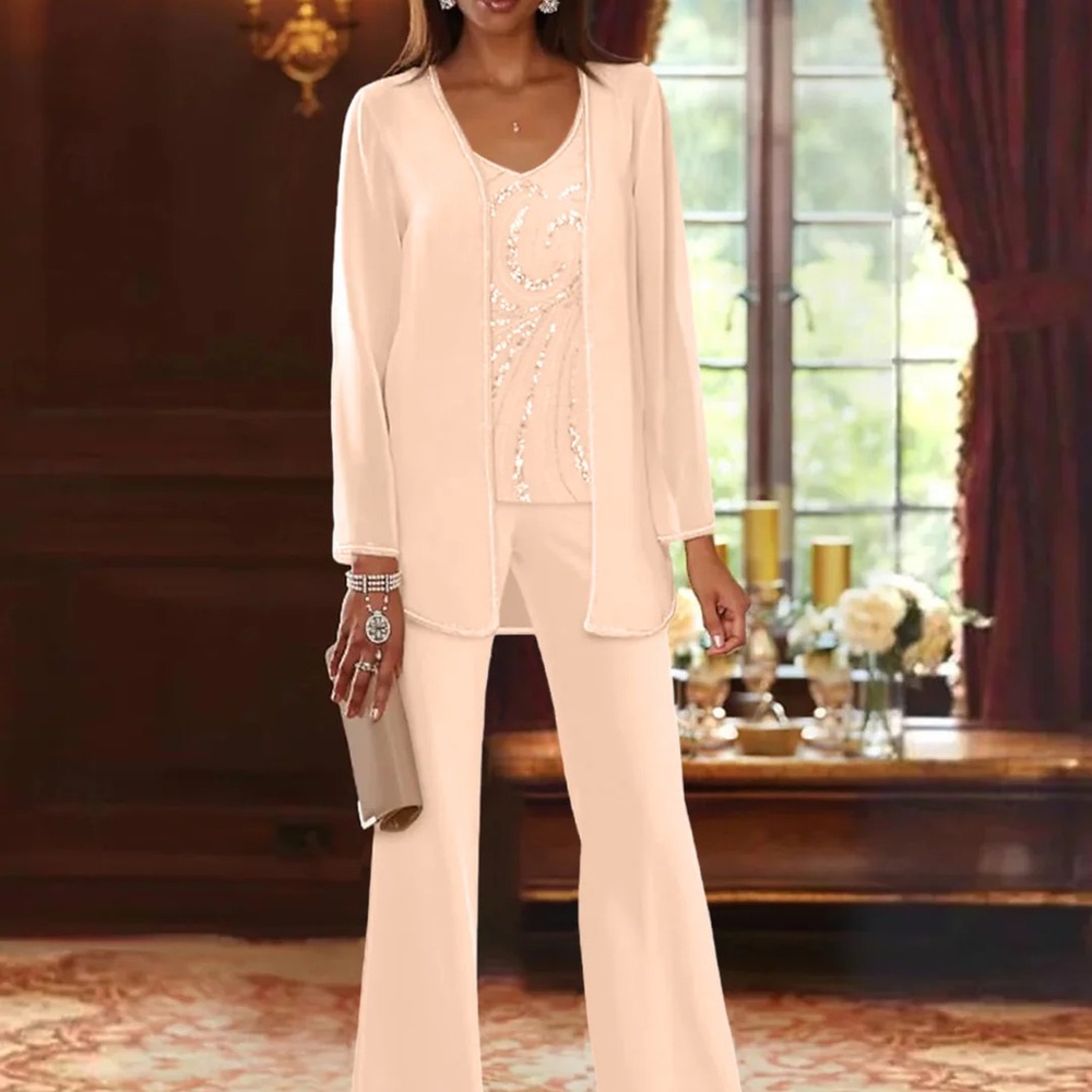 Elegant Women's Three-Piece Peach Pink Pant Set